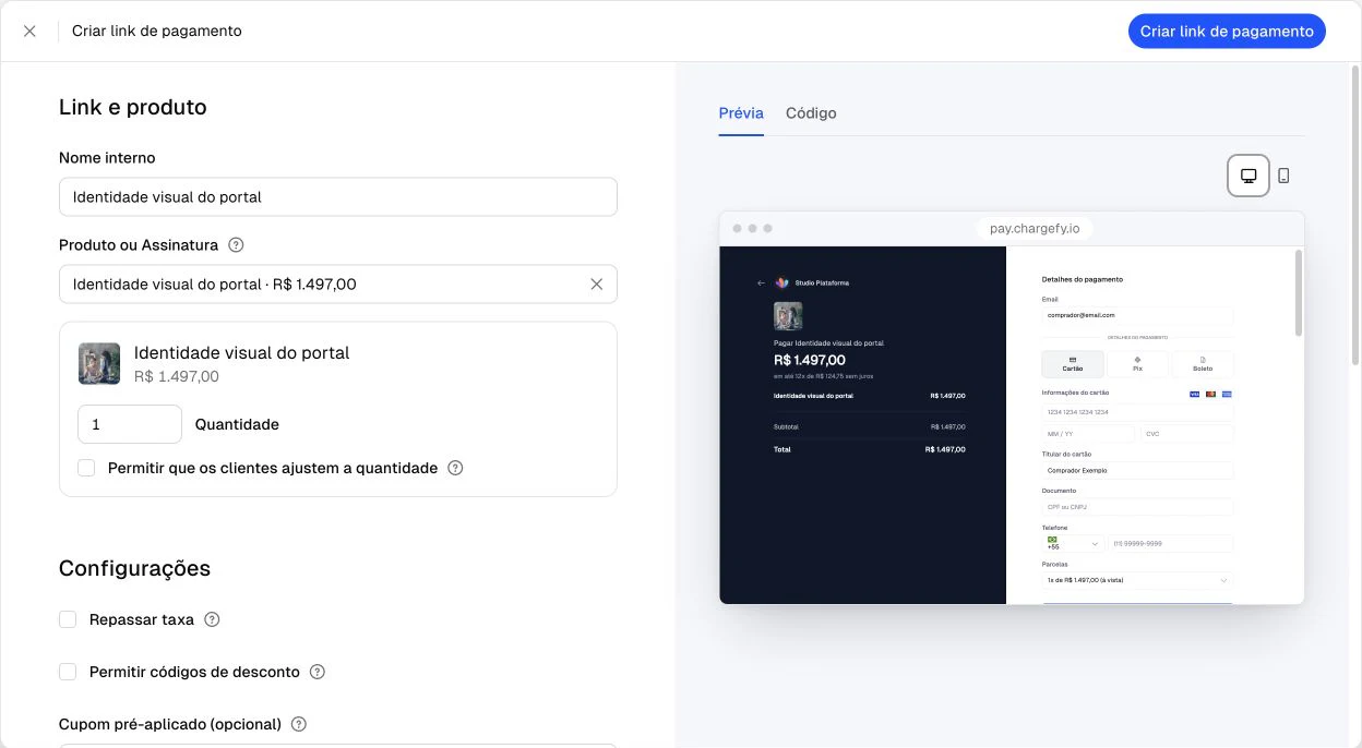 Checkout Builder real da Chargefy com produto, configurações e prévia de pagamento
