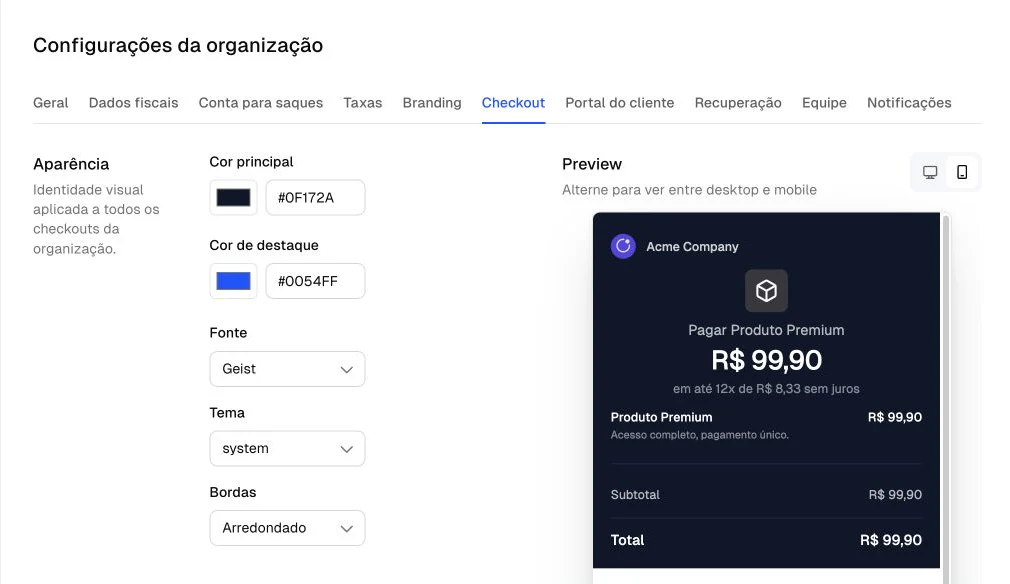 Tela real da Chargefy configurando cores, fonte, bordas e prévia do checkout