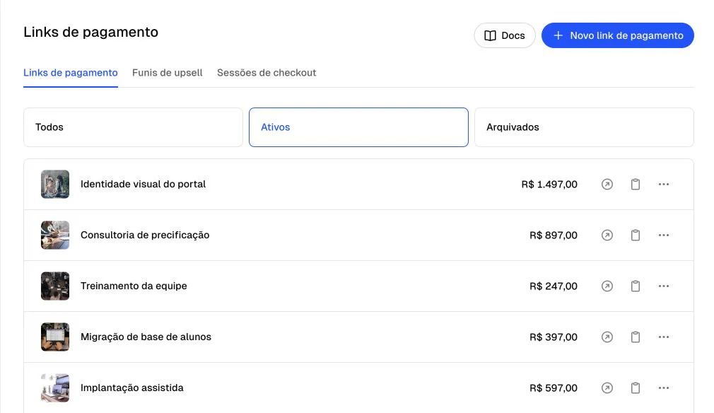 Tela real da Chargefy com links de pagamento ativos