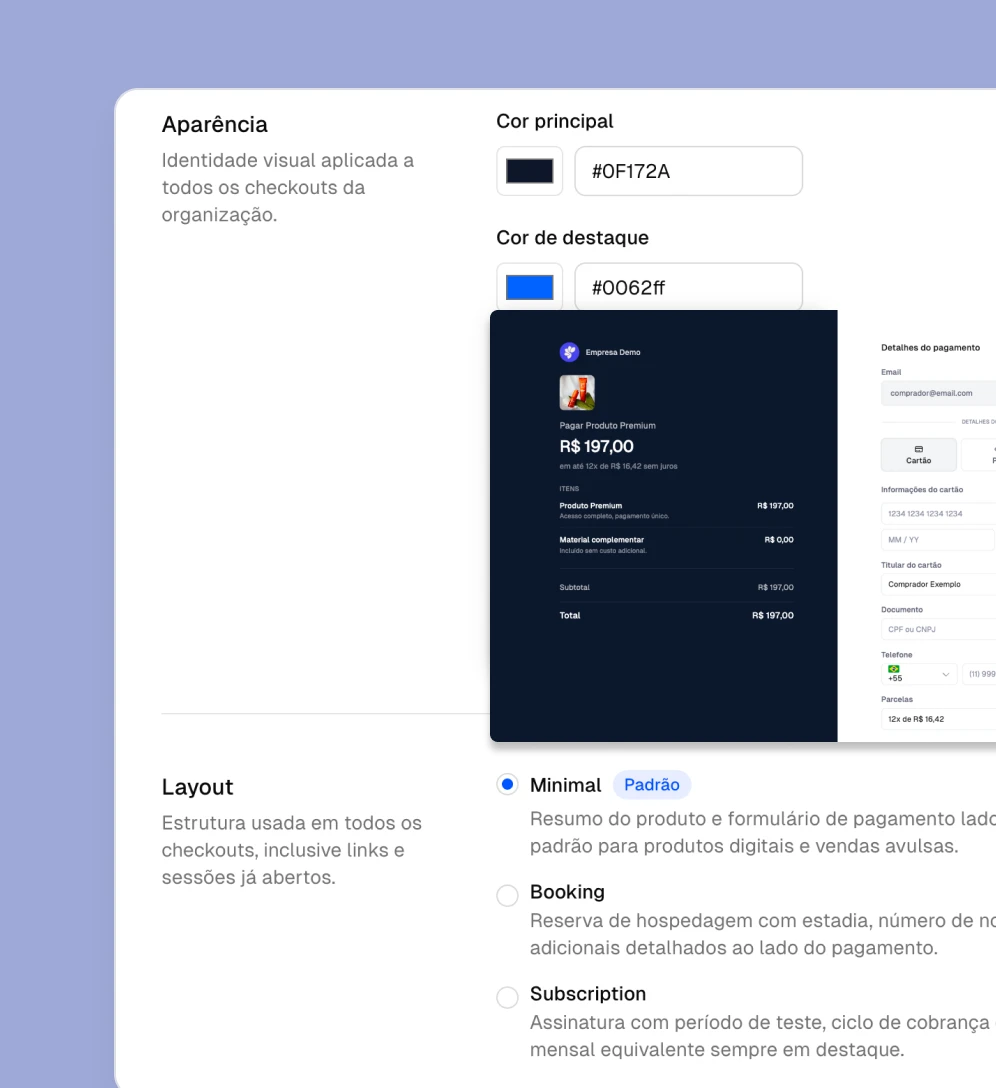 Configuração de aparência e layout de um checkout white-label