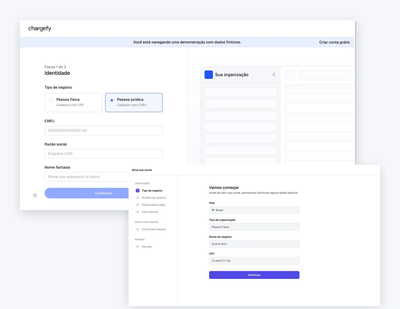 Telas da Chargefy com cadastro de pessoa jurídica e envio de documentos para KYC/KYB
